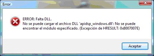 No se puede cargar el archivo DLL apidsp_windows.dll